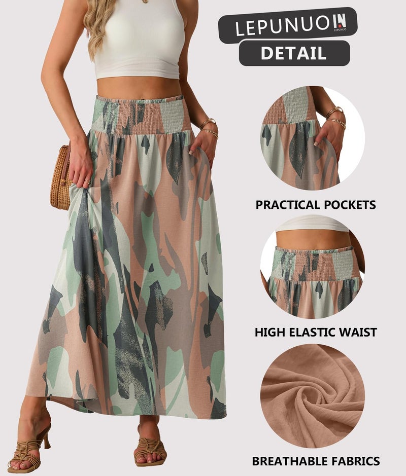 Lepunuo Maxi Skirts Womens Casual Flowy Trendy Floral Gypsy Skirt with Pockets Camo Pink - Image 5