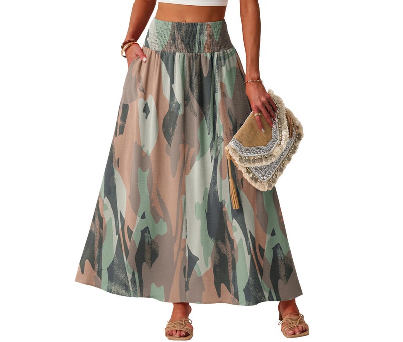 Lepunuo Maxi Skirts Womens Casual Flowy Trendy Floral Gypsy Skirt with Pockets Camo Pink - Image 1
