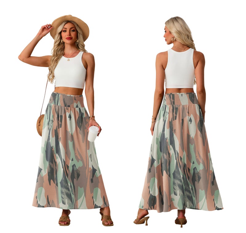 Lepunuo Maxi Skirts Womens Casual Flowy Trendy Floral Gypsy Skirt with Pockets Camo Pink - Image 4