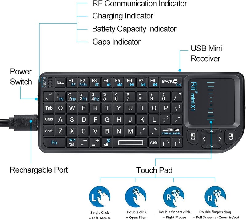 Beastron Rii 2.4G Mini Wireless Keyboard with Touchpad Mouse,Lightweight Portable Controller with USB Receiver Remote Control for Windows/Mac/Android/PC/Tablets/TV/Xbox/ PS3. X1-Black - Image 2