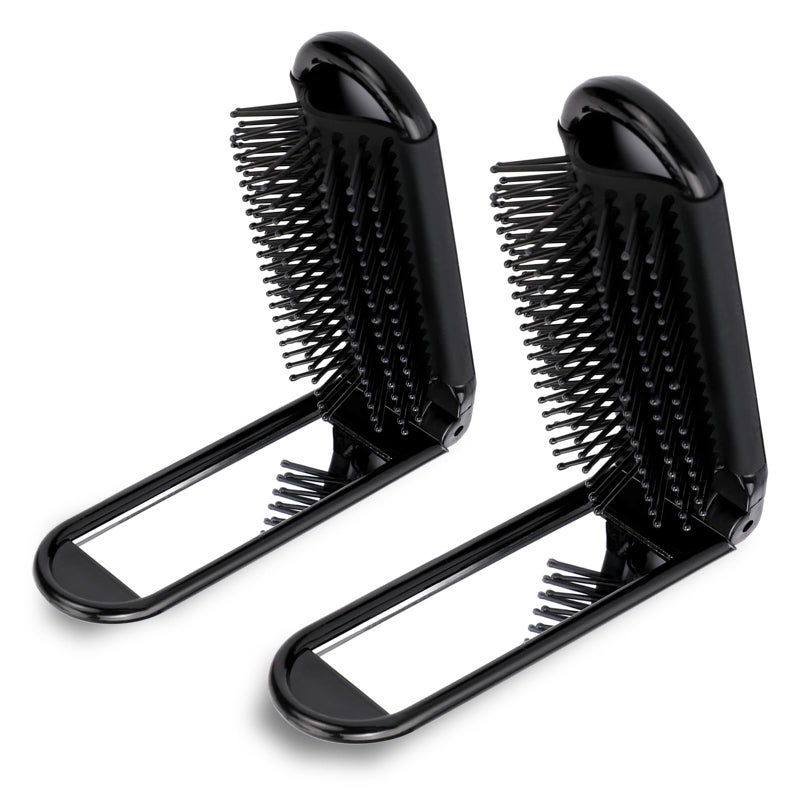 2 Pcs Foldable Hair Brush with Mirror Portable Travel Hair Brush Pocket Size Antistatic Mini Hairbrush Small Compact Massage Comb Hair Styling Tools for Women Girls Home Travel Gym Purse Black