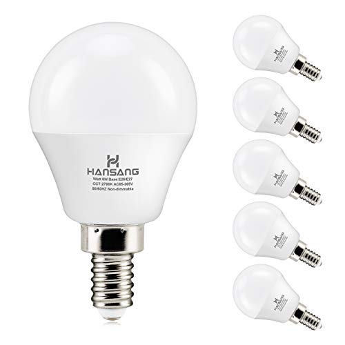 hansang 6 watt (60w Equivalent) LED Bulbs, E12 Small Base Candelabra Round Light Bulb, 600 Lumen, Warm White 2700K Ceiling Fan Light Bulbs, A15 LED Bulb Globe Shape, Non dimmable (6 Pack) - Image 1