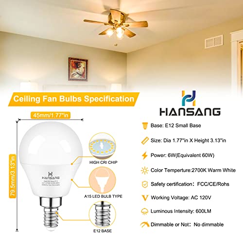 hansang 6 watt (60w Equivalent) LED Bulbs, E12 Small Base Candelabra Round Light Bulb, 600 Lumen, Warm White 2700K Ceiling Fan Light Bulbs, A15 LED Bulb Globe Shape, Non dimmable (6 Pack) - Image 2
