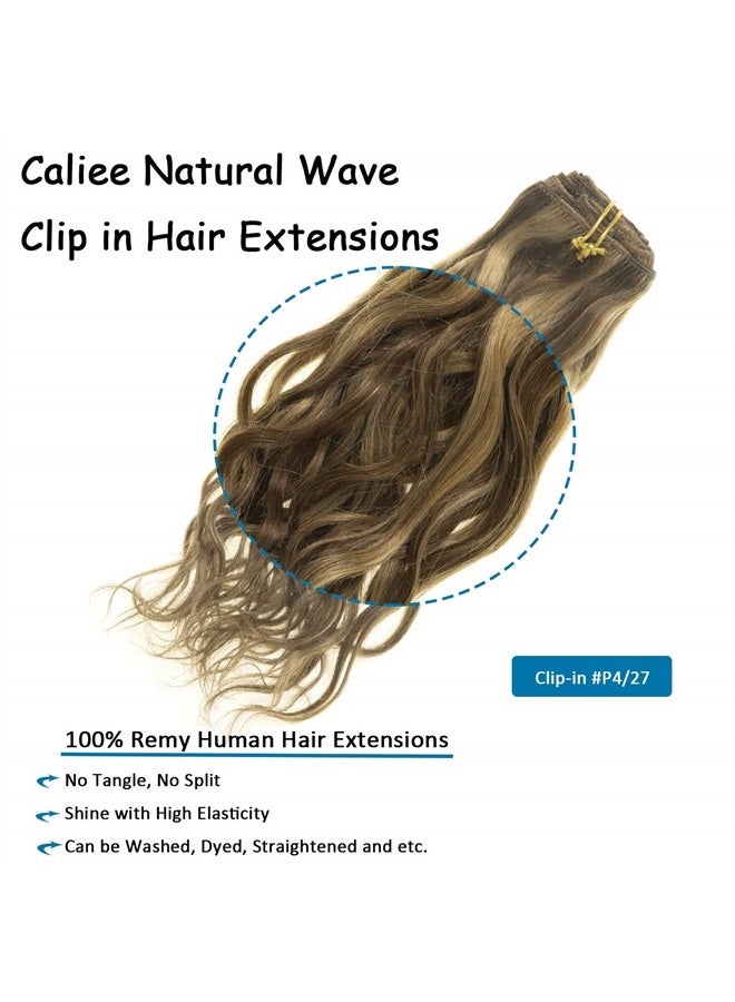 Caliee Natural Curly Clip in Hair Extensions 18 inch Human Hair Double Weft Highlighted Blond Color Natural Wave Dark Brown Color #4 Ombre Strawberry Blonde #27 Color 7Pieces 17Clips with 120Gram Per - Image 3