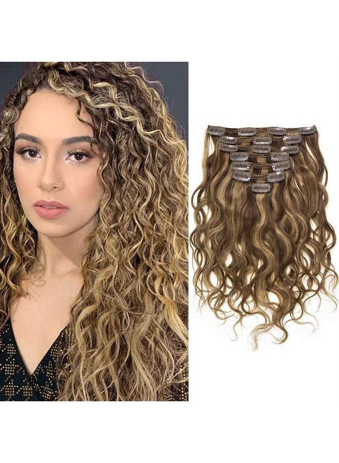 Caliee Natural Curly Clip in Hair Extensions 18 inch Human Hair Double Weft Highlighted Blond Color Natural Wave Dark Brown Color #4 Ombre Strawberry Blonde #27 Color 7Pieces 17Clips with 120Gram Per - Image 1
