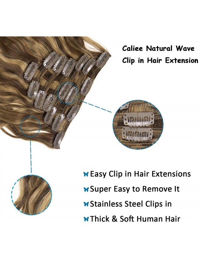 Caliee Natural Curly Clip in Hair Extensions 18 inch Human Hair Double Weft Highlighted Blond Color Natural Wave Dark Brown Color #4 Ombre Strawberry Blonde #27 Color 7Pieces 17Clips with 120Gram Per - Image 4