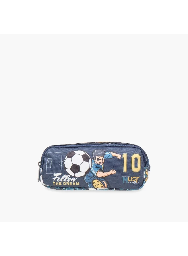 ماست Pencil Case-Football-2 Cmprt-1.10L-Age 5-8 (Polyester) Blue \ 21X6X9