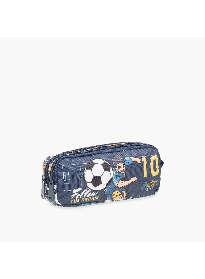 ماست Pencil Case-Football-2 Cmprt-1.10L-Age 5-8 (Polyester) Blue \ 21X6X9