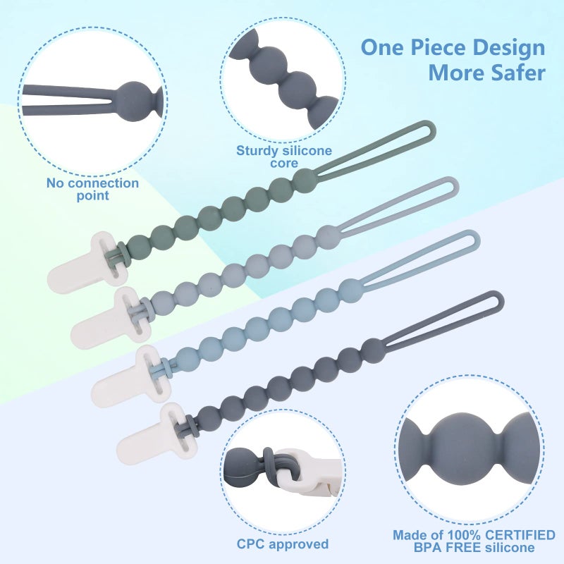 Slotic 4-Pack Silicone Pacifier Clips with One-Piece Beads for Baby Boys and Girls - Flexible and Rust-Free Holders for Teething Relief and Baby Essentials, Safe for Newborns (Grey) - Image 3