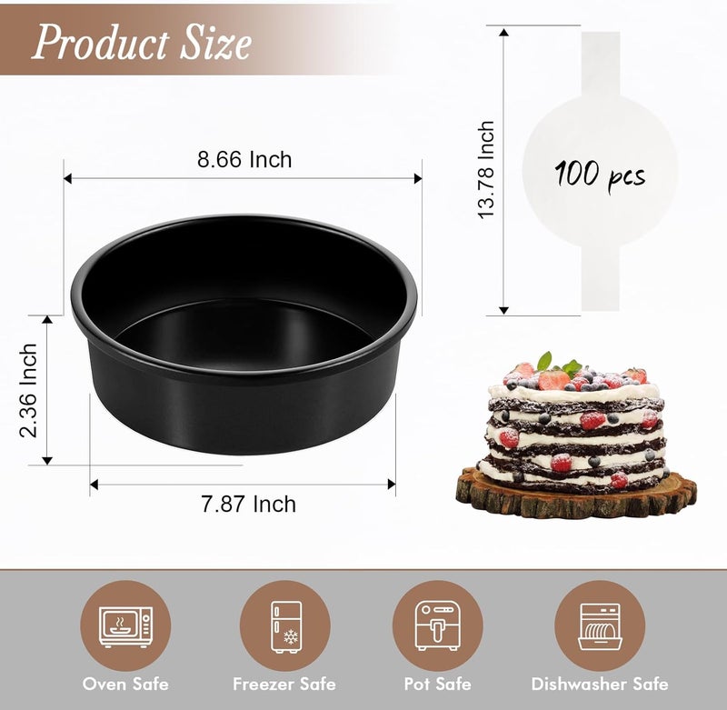 73Hours 8-Inch Round Cake Pan Set of 3, Nonstick Smash Cake Baking Pans Tins with 100 Pieces Parchment Paper, Carbon Steel Bakeware for Birthday , Oven  Dishwasher Safe - Image 2