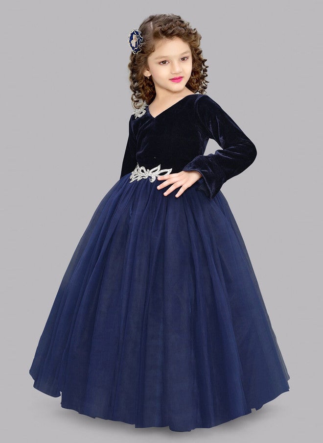 PinkChick Navy Blue Velvet Fit & Flare Maxi Dress for Girls - Image 4
