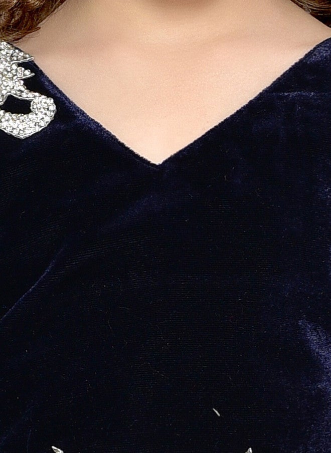 PinkChick Navy Blue Velvet Fit & Flare Maxi Dress for Girls - Image 2