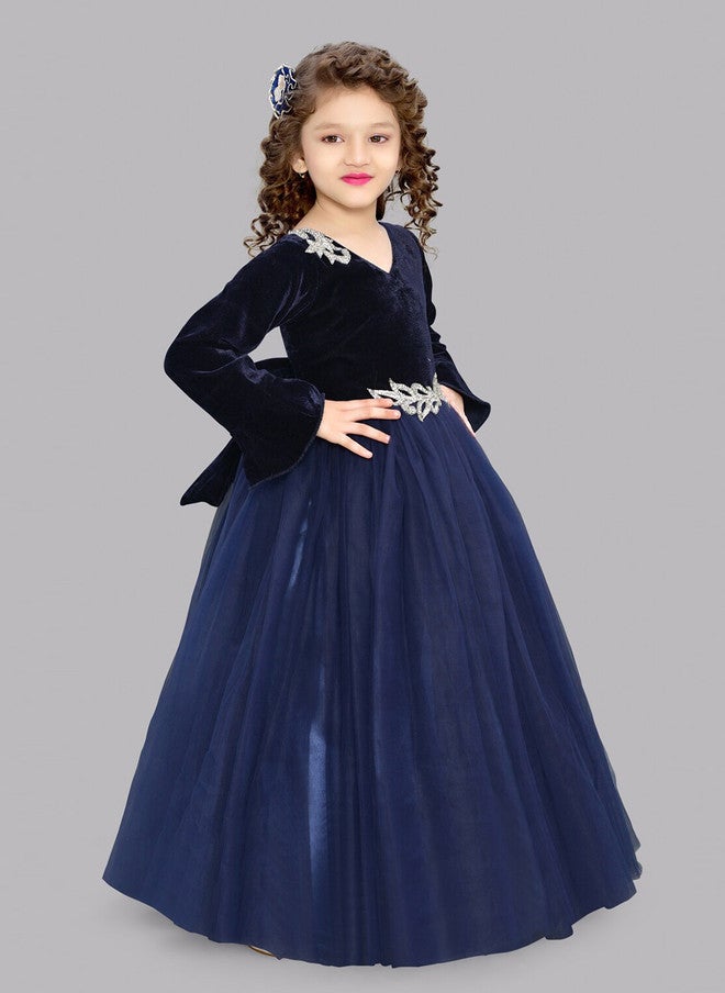 PinkChick Navy Blue Velvet Fit & Flare Maxi Dress for Girls - Image 3