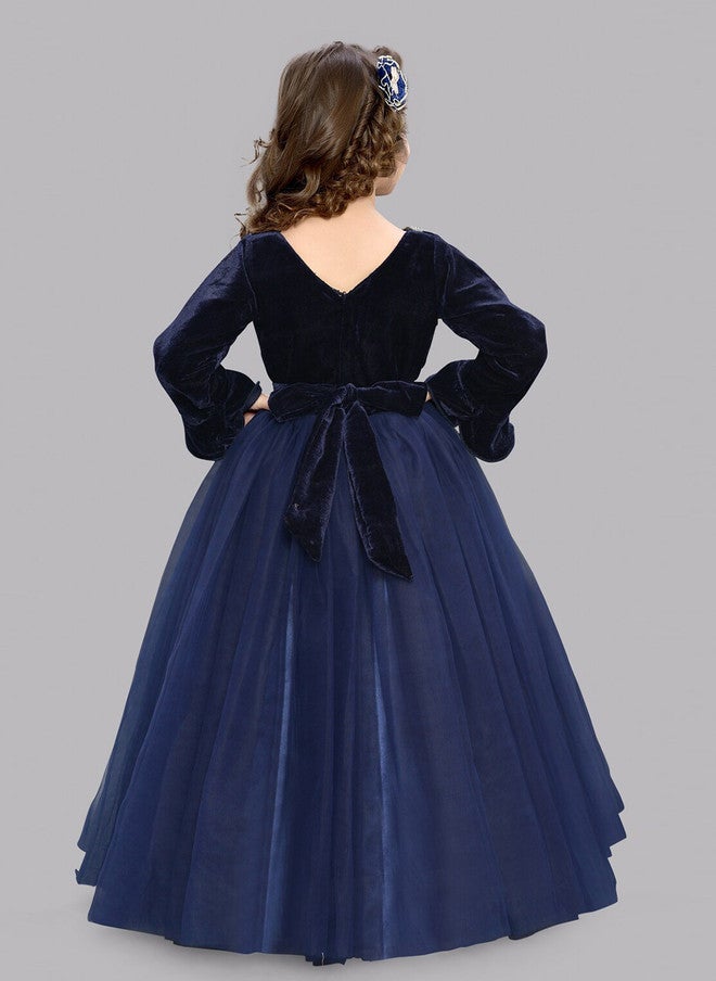 PinkChick Navy Blue Velvet Fit & Flare Maxi Dress for Girls - Image 5