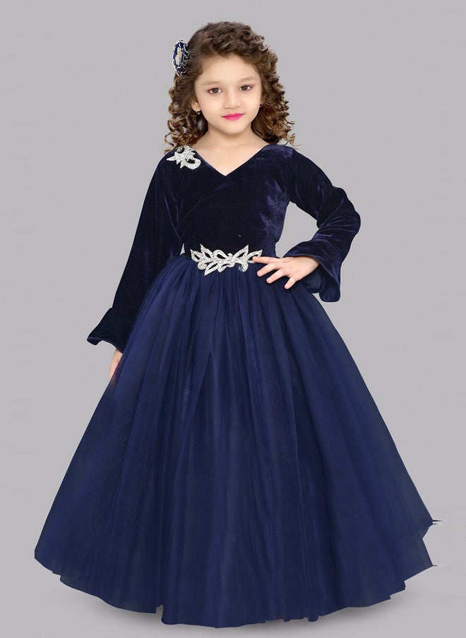 PinkChick Navy Blue Velvet Fit & Flare Maxi Dress for Girls - Image 1