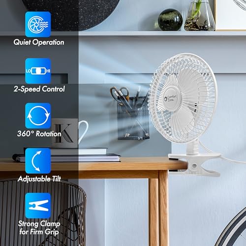 Comfort Zone Portable Clip on Fan with Fully Adjustable Tilt, Electric, 6 inch, Quiet, Indoor, 2 Speed, Mini Desk Fan, Table Fan, Airflow 6.53 ft/sec, Ideal for Home, Bedroom, Dorm & Office, CZ6C - Image 2