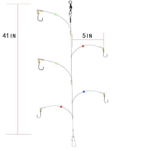 SENYUBBY Fishing Hooks with Leader,Deep Drop Rigs,5 Hooks Fishing rig, Stainless Steel Wire Fishing Leaders with Swivel, Snap, Beads, Leader,Hooks… - Image 2
