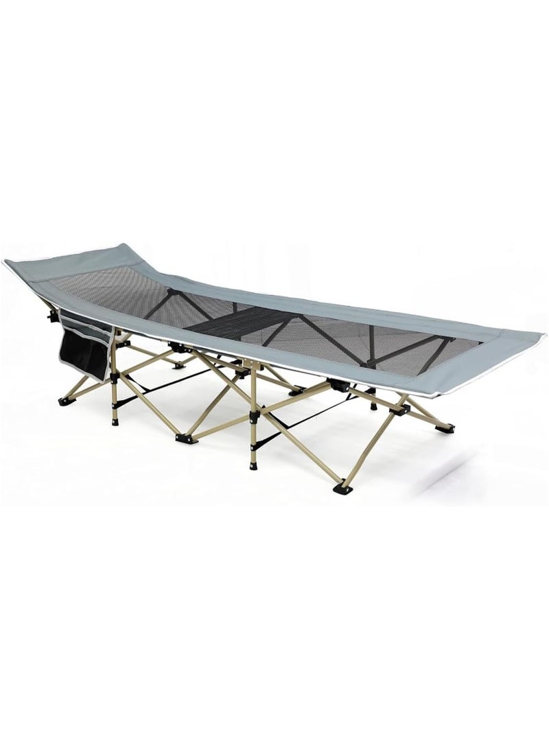Multi Home Furniture Grey Folding Camping Bed with Mesh Fabric & Beige Steel Frame | Portable 185cm Long Outdoor Camping Bed with Side Pocket | Lightweight Foldable Bed for Camping, Hiking & Beach - Image 1