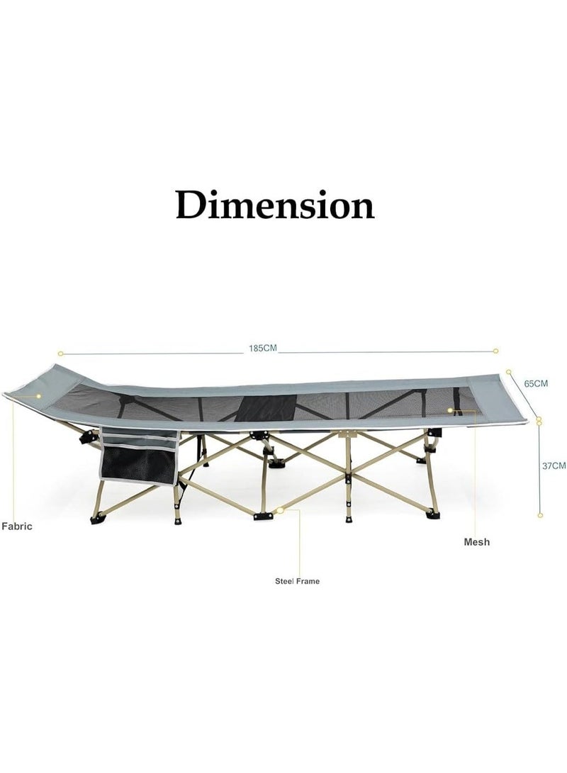 Multi Home Furniture Grey Folding Camping Bed with Mesh Fabric & Beige Steel Frame | Portable 185cm Long Outdoor Camping Bed with Side Pocket | Lightweight Foldable Bed for Camping, Hiking & Beach - Image 2