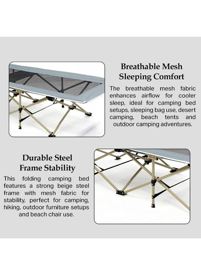 Multi Home Furniture Grey Folding Camping Bed with Mesh Fabric & Beige Steel Frame | Portable 185cm Long Outdoor Camping Bed with Side Pocket | Lightweight Foldable Bed for Camping, Hiking & Beach - Image 4