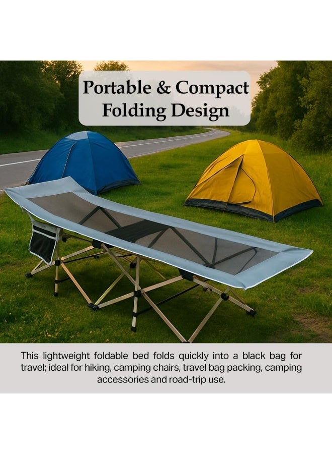 Multi Home Furniture Grey Folding Camping Bed with Mesh Fabric & Beige Steel Frame | Portable 185cm Long Outdoor Camping Bed with Side Pocket | Lightweight Foldable Bed for Camping, Hiking & Beach - Image 5