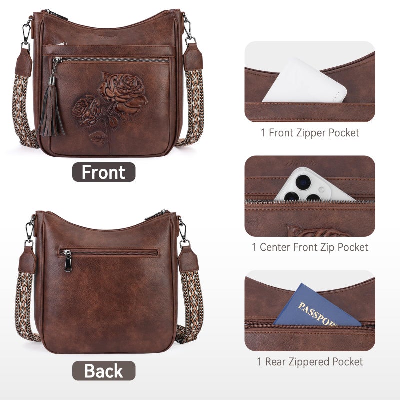 VIMUTI Crossbody Bags for Women Trendy Vegan Leather Hobo Purses for Women Embossed Flower Shoulder Handbags Bucket Bag (03-Coffee) - Image 4