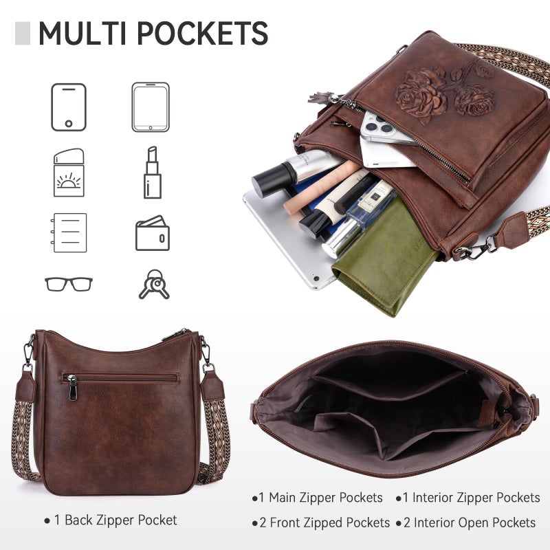 VIMUTI Crossbody Bags for Women Trendy Vegan Leather Hobo Purses for Women Embossed Flower Shoulder Handbags Bucket Bag (03-Coffee) - Image 5