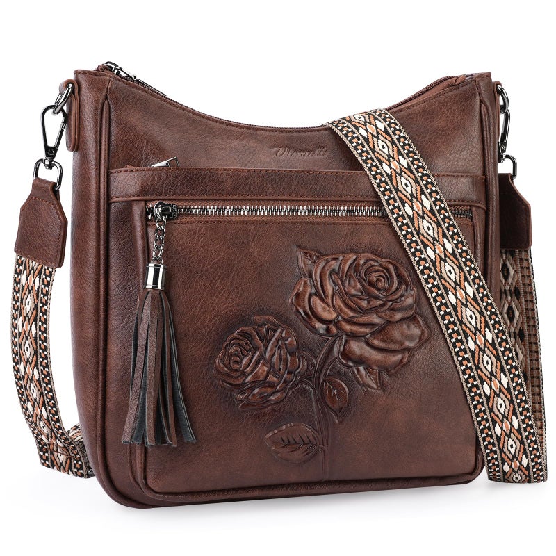 VIMUTI Crossbody Bags for Women Trendy Vegan Leather Hobo Purses for Women Embossed Flower Shoulder Handbags Bucket Bag (03-Coffee) - Image 1