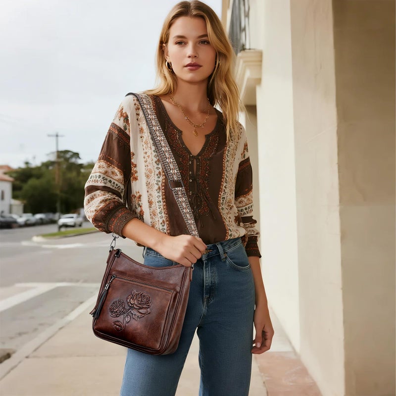 VIMUTI Crossbody Bags for Women Trendy Vegan Leather Hobo Purses for Women Embossed Flower Shoulder Handbags Bucket Bag (03-Coffee) - Image 2