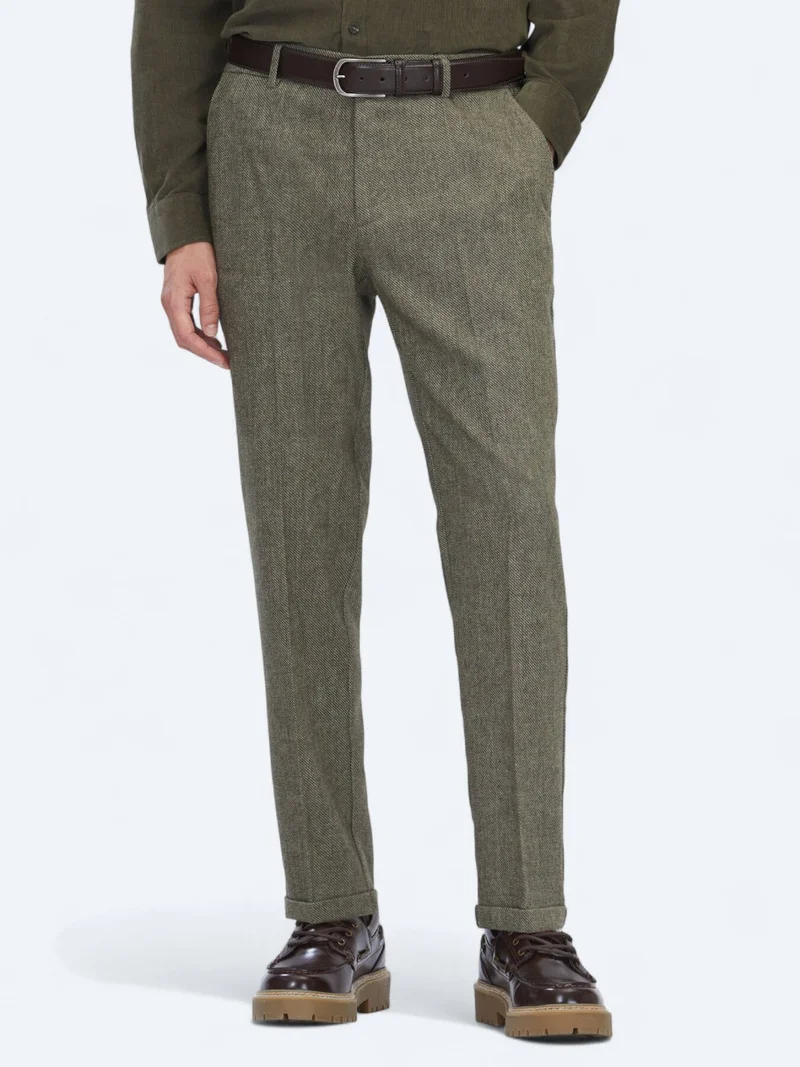 Kip Khaki Weaving Jogging Fit Casual Wool Blended Trousers