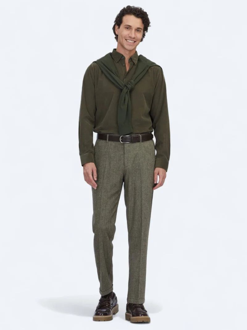 Kip Khaki Weaving Jogging Fit Casual Wool Blended Trousers