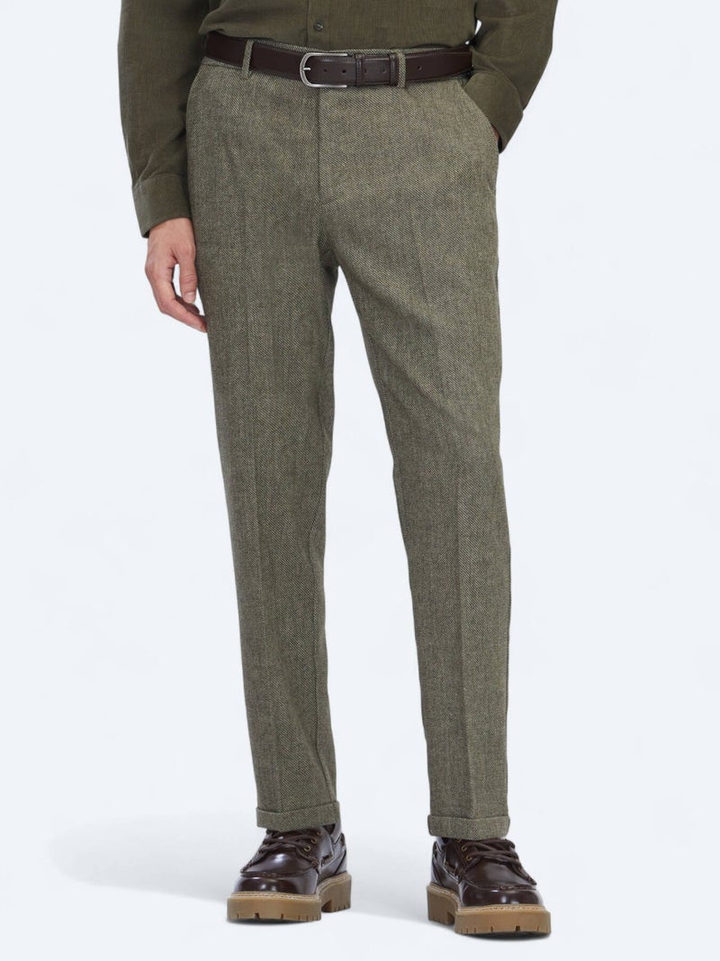 Kip Khaki Weaving Jogging Fit Casual Wool Blended Trousers - Image 2