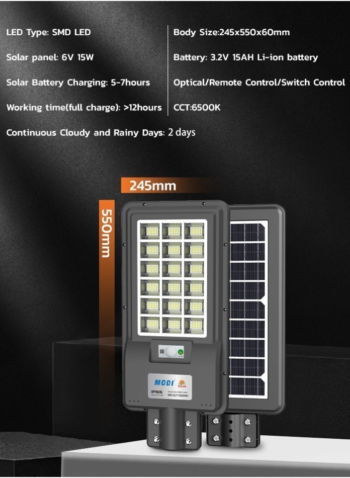 MODI 200W Solar Street Light, 6500K Cool White SMD LED, 15Ah Battery, 15W Solar Panel, Over 12 Hours Lighting, Remote Control & Auto Light Sensor - Image 4