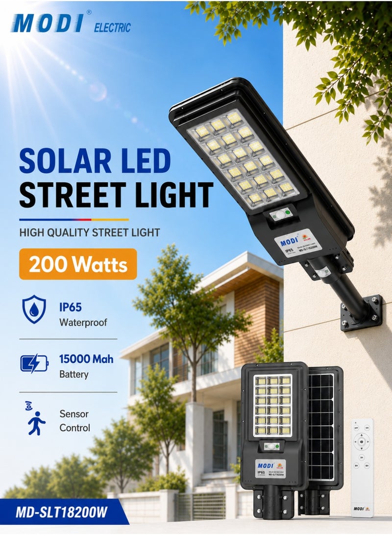 MODI 200W Solar Street Light, 6500K Cool White SMD LED, 15Ah Battery, 15W Solar Panel, Over 12 Hours Lighting, Remote Control & Auto Light Sensor - Image 1