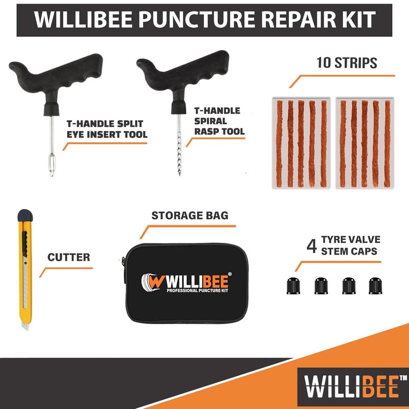 WILLIBEE 6-in-1 Tubeless Tyre Puncture Repair Kit for Car, Bike, Scooter & SUV (with Storage Bag) | Universal Emergency Tyre Fix Tool Set, Flat Tire Puncher Repair Kit. - Image 2