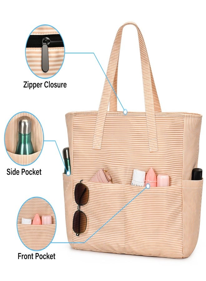 oscaurt Beach Bags for Women Large Waterproof Sandproof Beach Tote Swim Pool Bag with Zipper for Travel Vacation Essentials, Khaki Stripes, Large - Image 2