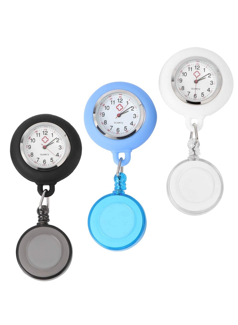 Suntown Nurse Watch Retractable Nurse Watches Clip-on Nurses Watch Silicone Fob Watches with Second Hand for Nurses Pocket Quartz Watch for Nurse Gift 3 Pcs (Black, Light Blue, White) - Image 1