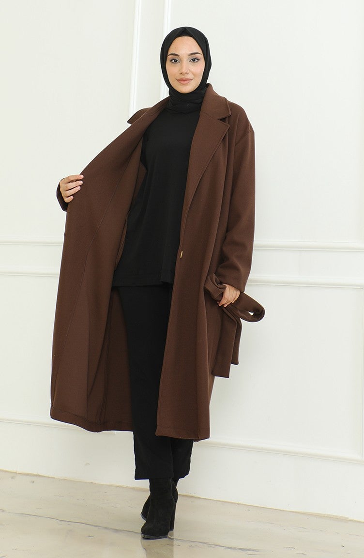 Sefa Merve Plus Size Double Breasted Single Button Coat 712510-01 Brown  - Image 1