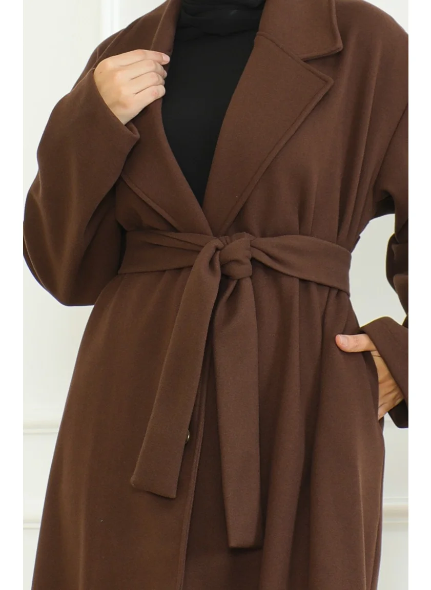 Sefa Merve Plus Size Double Breasted Single Button Coat 712510-01 Brown