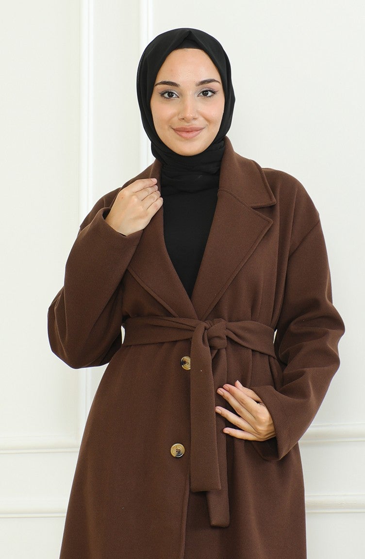 Sefa Merve Plus Size Double Breasted Single Button Coat 712510-01 Brown  - Image 4