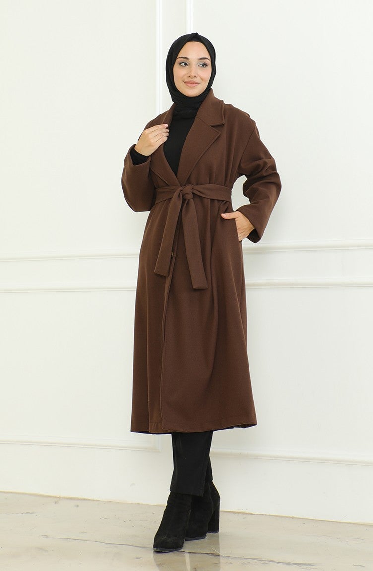 Sefa Merve Plus Size Double Breasted Single Button Coat 712510-01 Brown  - Image 2
