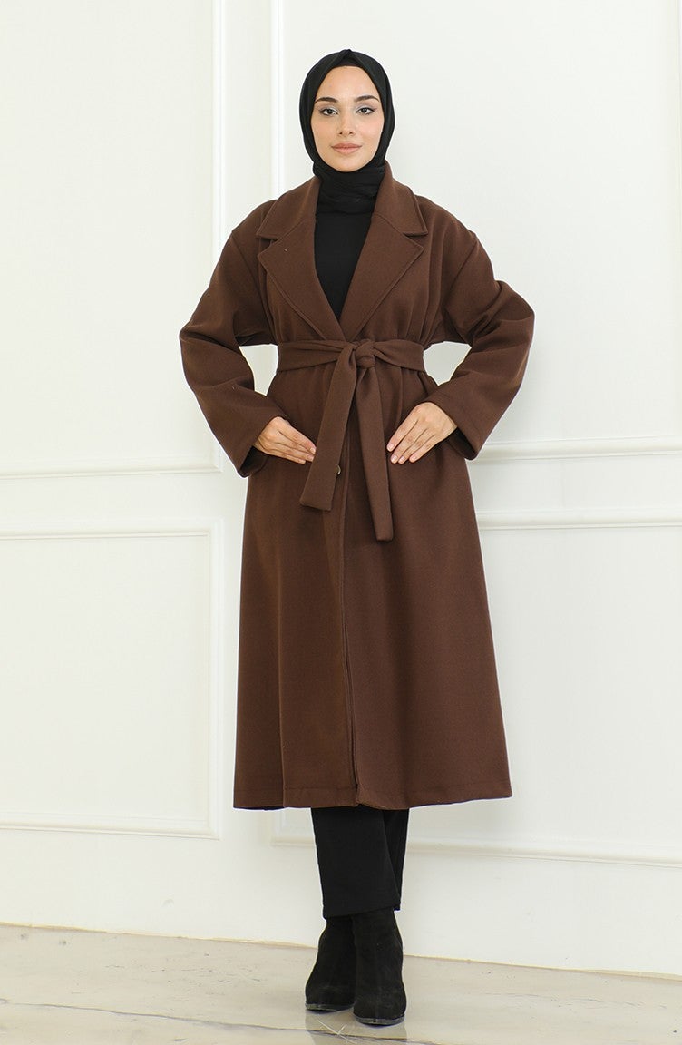 Sefa Merve Plus Size Double Breasted Single Button Coat 712510-01 Brown  - Image 3