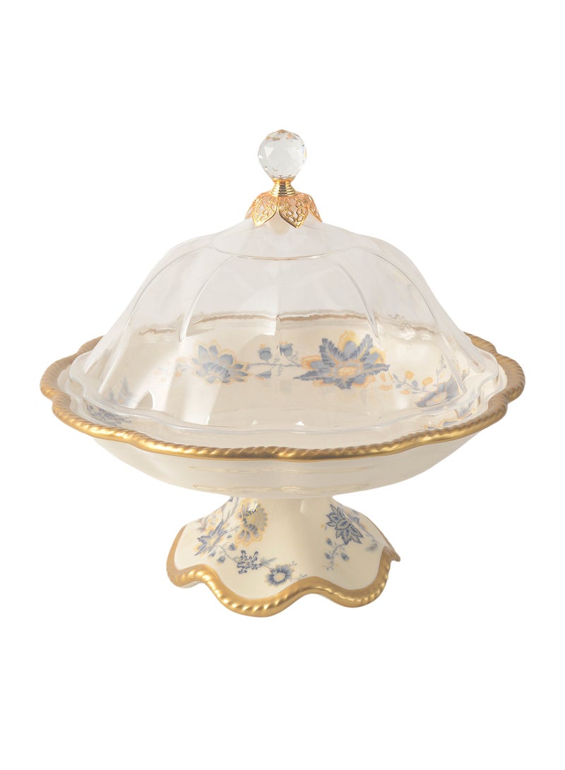 Life Smile Life Smile LIFE SMILE Round Bone China Fruit Bowl With Cover  - Serving Basket with Gold Stand and Acrylic Lid with Knob For Fruit,Snack, Nuts ,Cake & Dessert Storage - Image 1