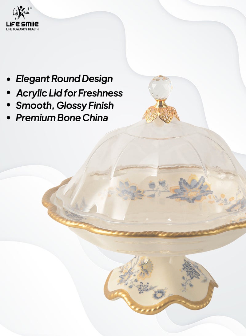 Life Smile Life Smile LIFE SMILE Round Bone China Fruit Bowl With Cover  - Serving Basket with Gold Stand and Acrylic Lid with Knob For Fruit,Snack, Nuts ,Cake & Dessert Storage - Image 4
