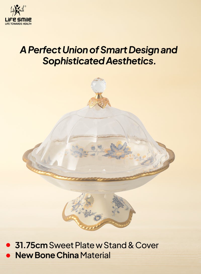 Life Smile Life Smile LIFE SMILE Round Bone China Fruit Bowl With Cover  - Serving Basket with Gold Stand and Acrylic Lid with Knob For Fruit,Snack, Nuts ,Cake & Dessert Storage - Image 2