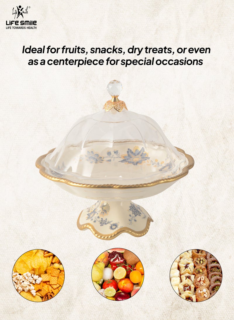 Life Smile Life Smile LIFE SMILE Round Bone China Fruit Bowl With Cover  - Serving Basket with Gold Stand and Acrylic Lid with Knob For Fruit,Snack, Nuts ,Cake & Dessert Storage - Image 3