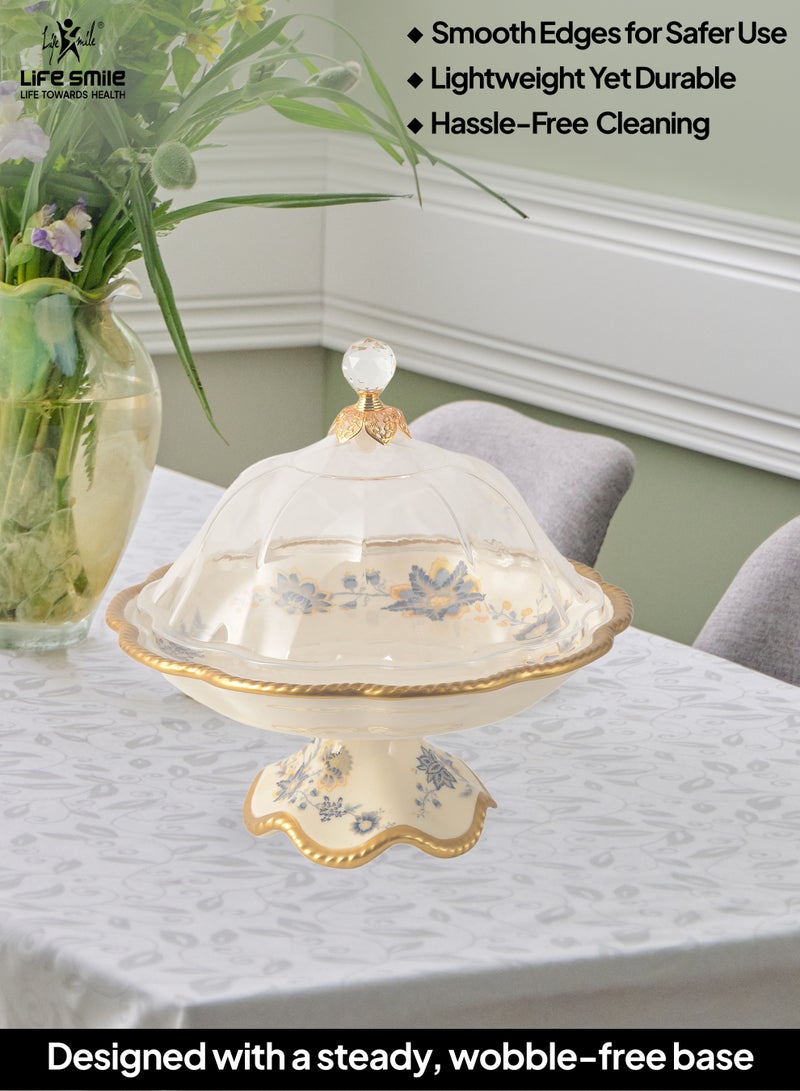Life Smile Life Smile LIFE SMILE Round Bone China Fruit Bowl With Cover  - Serving Basket with Gold Stand and Acrylic Lid with Knob For Fruit,Snack, Nuts ,Cake & Dessert Storage - Image 5