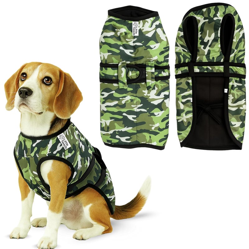 LITTLE NEEDS Dog Winter Jacket (Army Print, 20 Inch) for Medium Dogs | Camouflage Design, Waterproof & Windproof Polyester Coat with Fleece, Adjustable Velcro Closure, Warm Vest for Cold Weather - Image 1