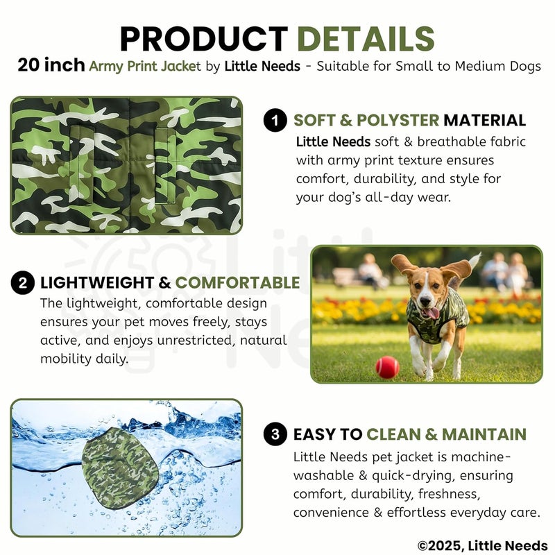 LITTLE NEEDS Dog Winter Jacket (Army Print, 20 Inch) for Medium Dogs | Camouflage Design, Waterproof & Windproof Polyester Coat with Fleece, Adjustable Velcro Closure, Warm Vest for Cold Weather - Image 3