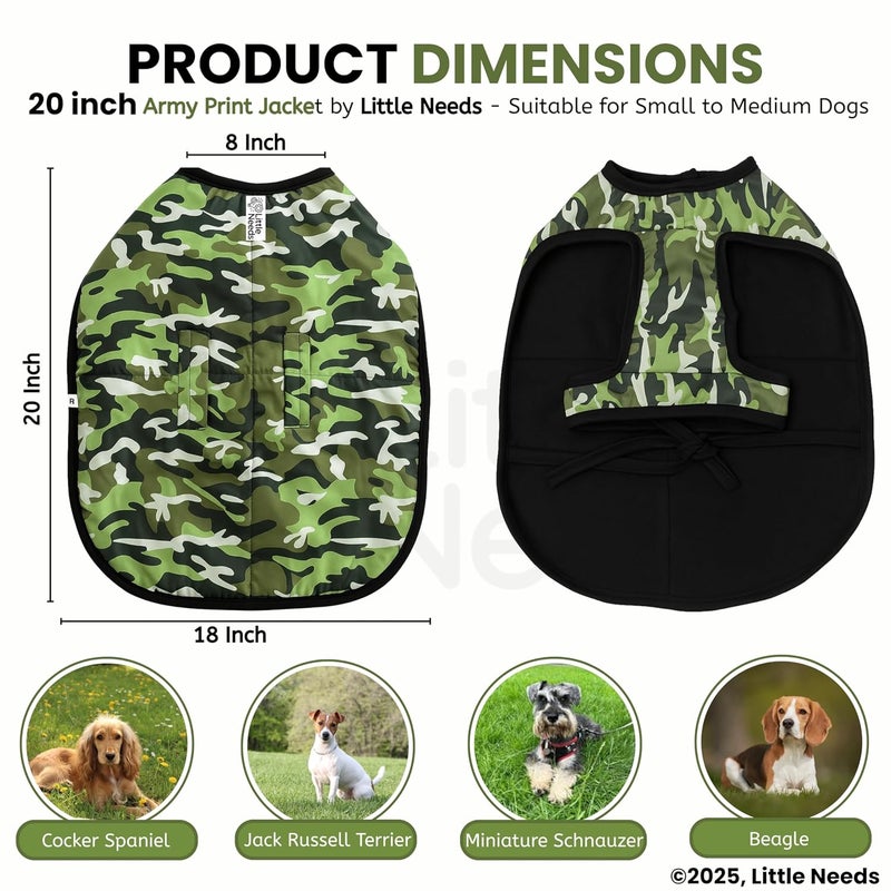 LITTLE NEEDS Dog Winter Jacket (Army Print, 20 Inch) for Medium Dogs | Camouflage Design, Waterproof & Windproof Polyester Coat with Fleece, Adjustable Velcro Closure, Warm Vest for Cold Weather - Image 2